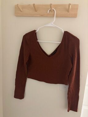 Ribbed V-Neck Long Sleeve Crop Top - Burnt Orange